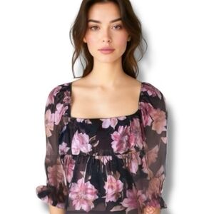 Thirty Thirty LA Empire Floral Babydoll Top Black & Pink Size L